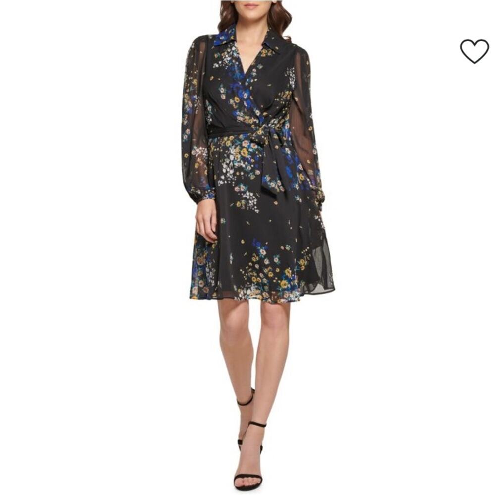 DKNY | Floral Faux Wrap Knee Length Dress Surplice V-neck  Black Blue Size 8